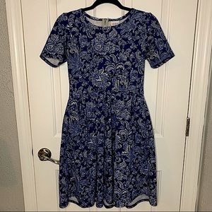 LulaRoe Blue Patterned Dress, Fit and Flare Midi Dress, Size M